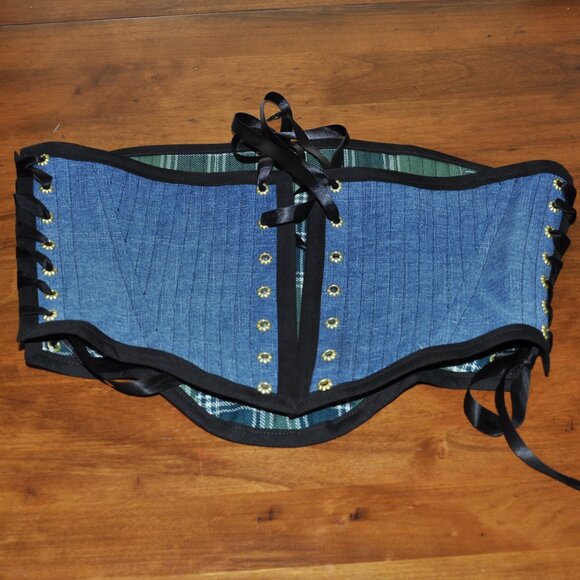 New Reversible Green Plaid & Denim Side & Back Lace-up Corset Bustier Top M - Picture 13 of 13